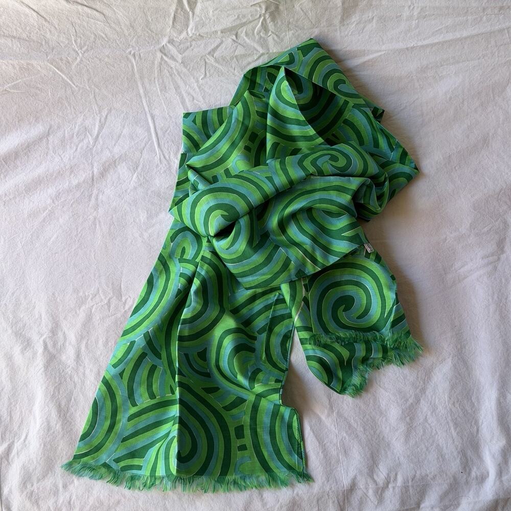 VTG Vera Nuemann Scarf Green and Blue Abstract Swirl Fringed Hem - Silk